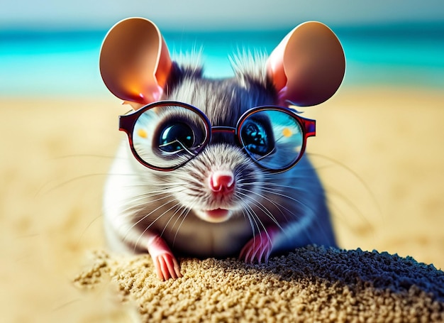 rat on a sandy beach with glasses by the sea Generative AI