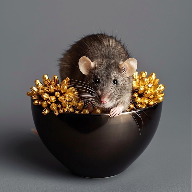 a rat sits in a bowl of gold flowers