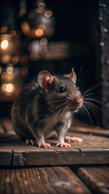 a rat sitting on a wooden table in front of a fireplace