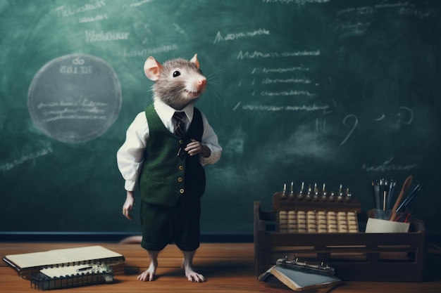 a rat standing on a school desk with a notebook and school supplies on the background of a school board with chalk