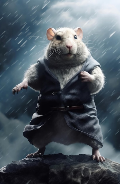 A rat in a suit stands in the rain with the word rat on it.