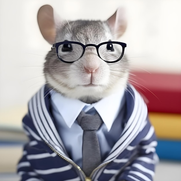 Photo a rat wearing a jacket and glasses is wearing a jacket with the word rat on it.