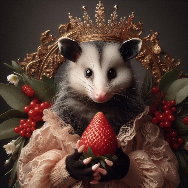 Photo a rat with a crown on its head is holding a strawberry