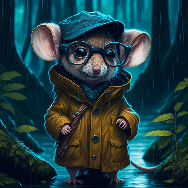 A rat with eyeglasses dressed with a yellow coat in the forest in a rainy day