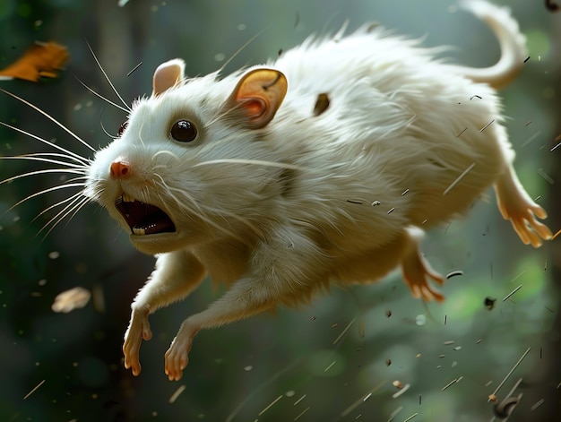 a rat with a tag on its ear is in the air