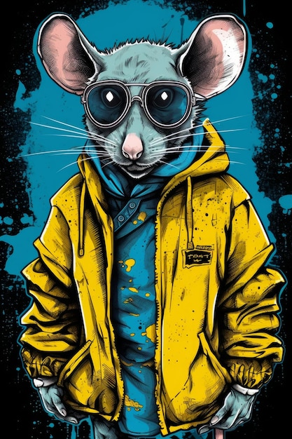 A rat in a yellow jacket and sunglasses