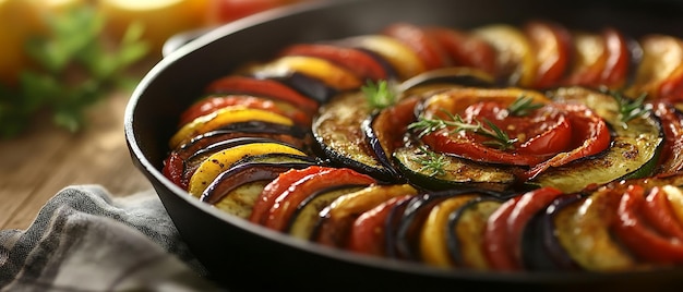 Photo ratatouille in a cast iron skillet