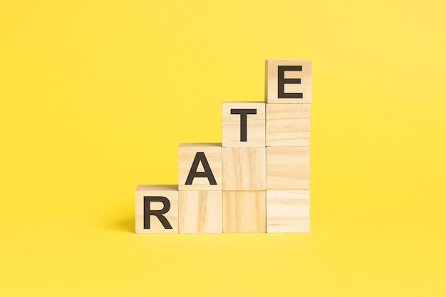 Rate text on wooden cubes yellow background