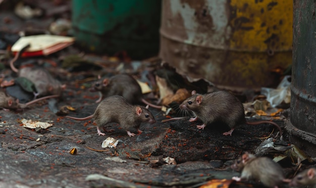 Photo rats scavenging food scraps next to trash cans in a dirty environment