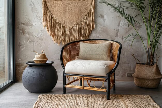 Photo a rattan armchair sits in a minimalist living room featuring a black coffee table a tropical plant