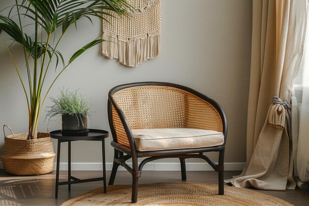 Photo a rattan armchair sits in a minimalist living room featuring a black coffee table a tropical plant