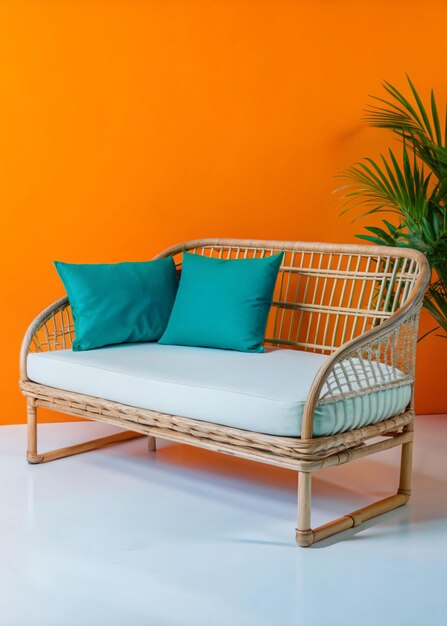 Photo rattan loveseat with blue and green pillows perfect for outdoor patio or indoor living room decor