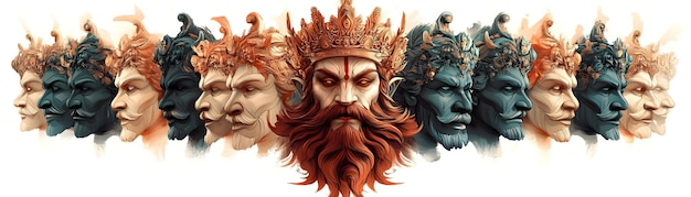 Photo ravanas ten heads and crown concept as vector illustration of ravanas ten heads with a crown isolate