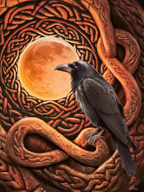 Photo raven perched against celtic knotwork and glowing moon