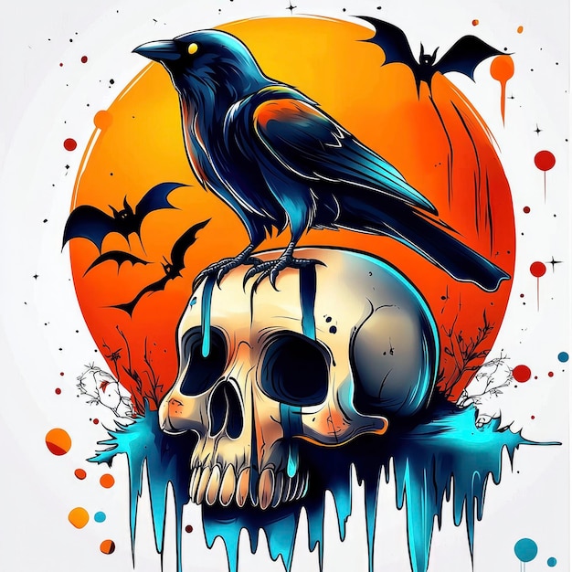 Raven Perched on a Skull with Dripping Blue Paint and a Sunset Background