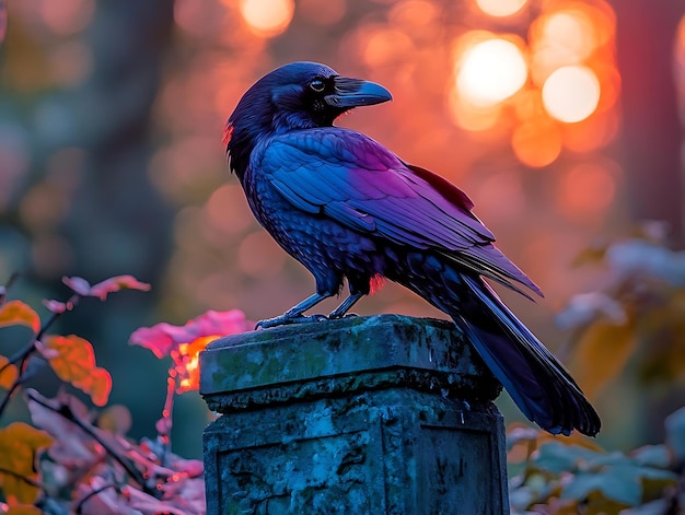 Raven Perched on Stone Pillar Illustration