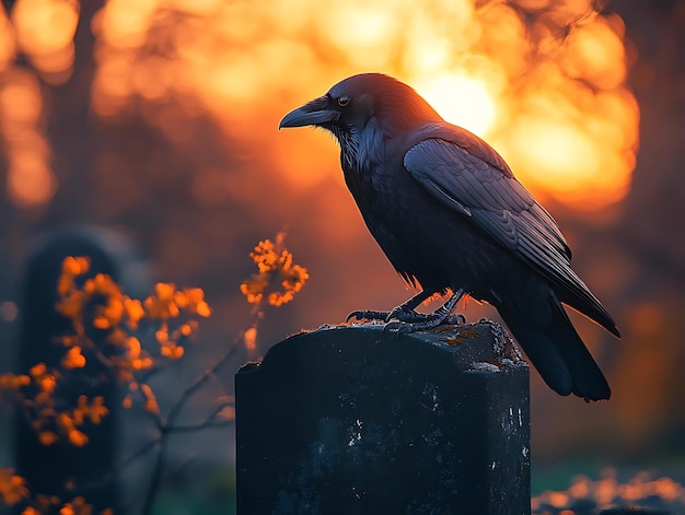 Raven Silhouette at Sunset on a Gravestone Realistic Photograph