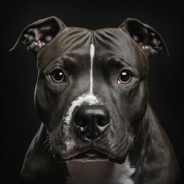 Ravishing American stafford terrier studio portrait in black isolated background funny domestic dog face in hyper realistic detail pitbull by Generative AI