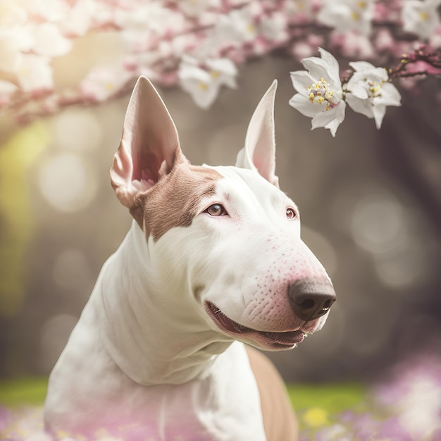 Ravishing bull terrier in realistic with outdoor background