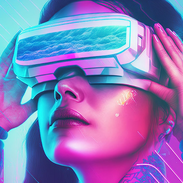 Ravishing cyberpunk gamer girl retro style portrait with city double exposure