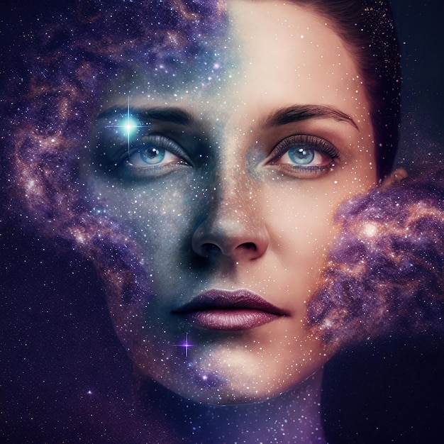 Ravishing girl portrait face merge with galaxy in double exposure