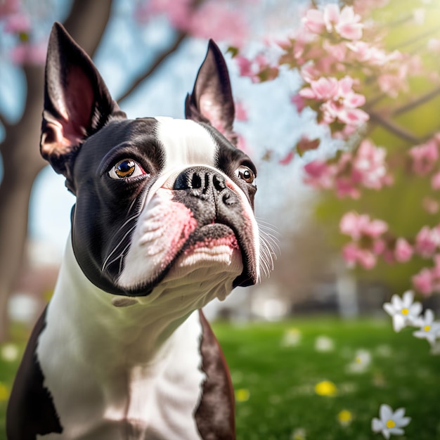 Ravishing hyper realistic digital outdoor portrait of happy boston terrier dog