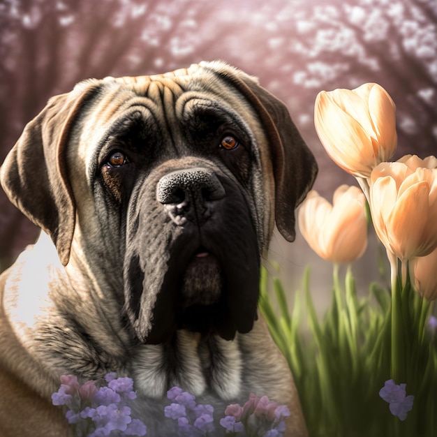 Ravishing hyper realistic digital portrait of English mastiff dog in nature