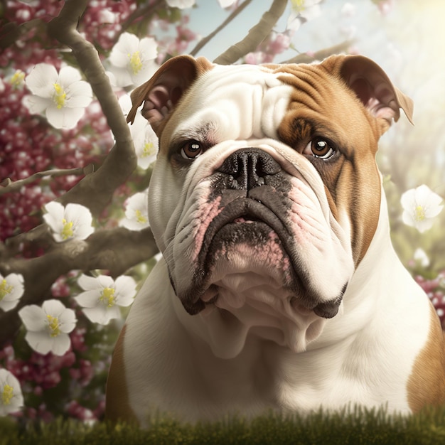 Ravishing hyper realistic digital portrait of happy bulldog dog in nature