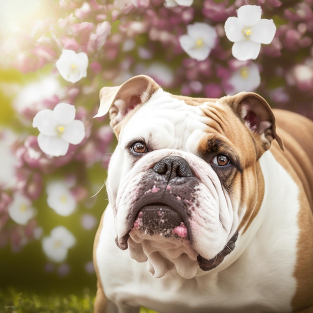 Ravishing hyper realistic digital portrait of happy bulldog dog in nature