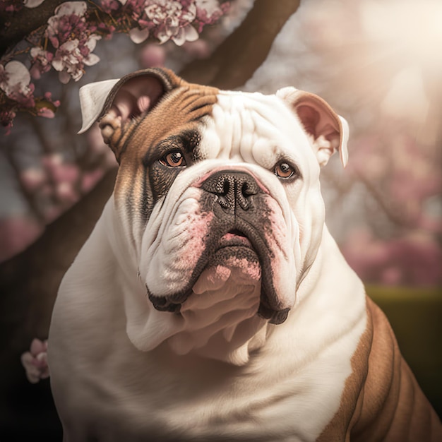 Ravishing hyper realistic digital portrait of happy bulldog dog in nature