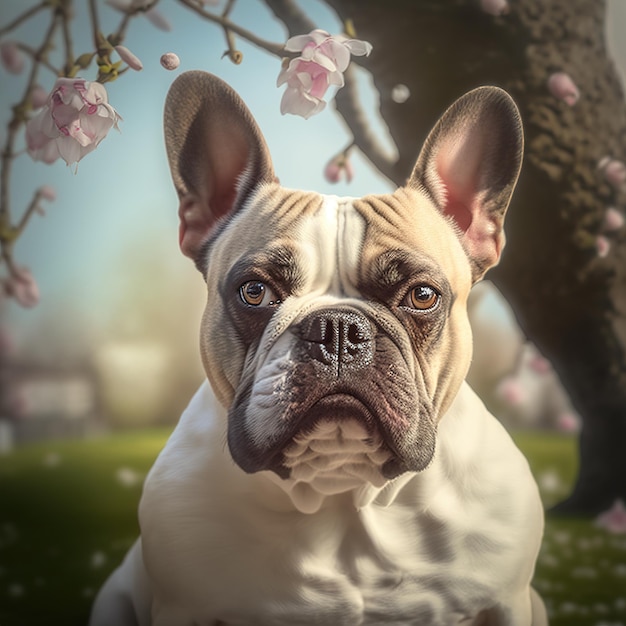 Ravishing hyper realistic digital portrait of happy French bulldog in nature