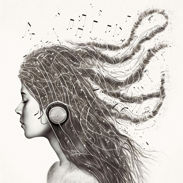 Ravishing music lover girl wearing headphone with curly hair in double exposure