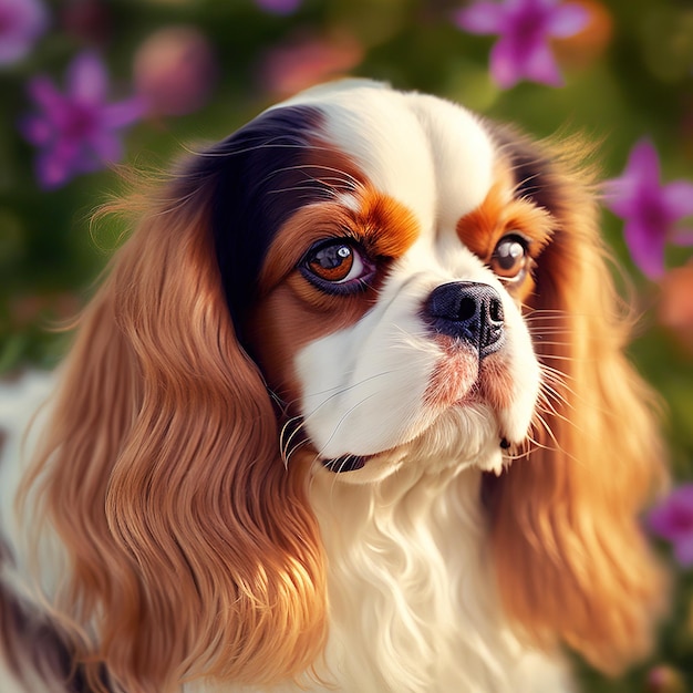 Ravishing portrait of cute cavalier king charles dog in nature background