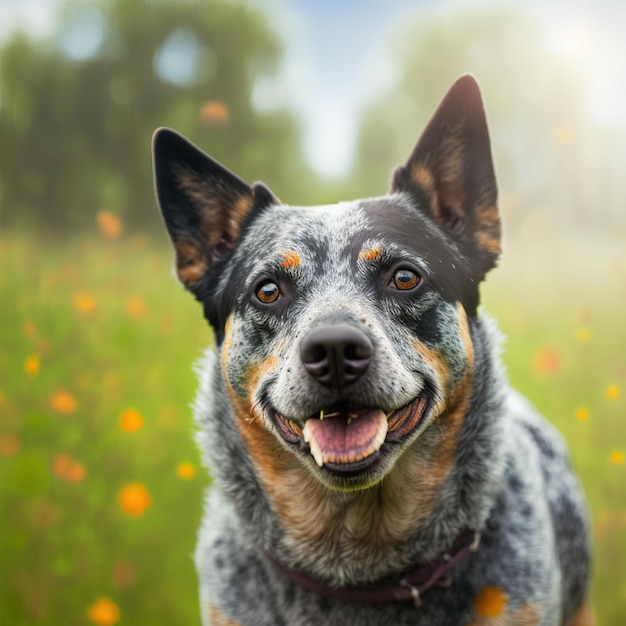 Ravishing realistic Australian cattle dog portrait with outdoor background