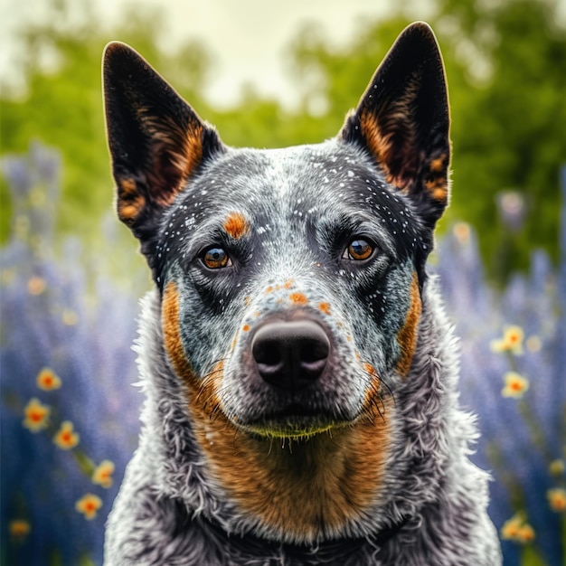 Ravishing realistic Australian cattle dog portrait with outdoor background