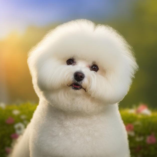 Ravishing realistic portrait of bichin frise dog in nature background