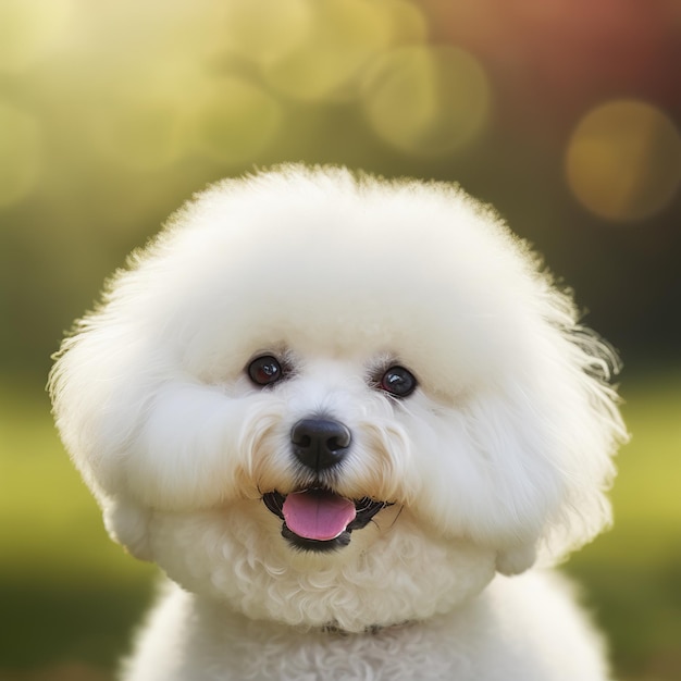 Ravishing realistic portrait of bichin frise dog in nature background