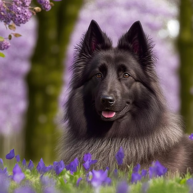 Ravishing realistic portrait of black groenendael dog in natural outdoor