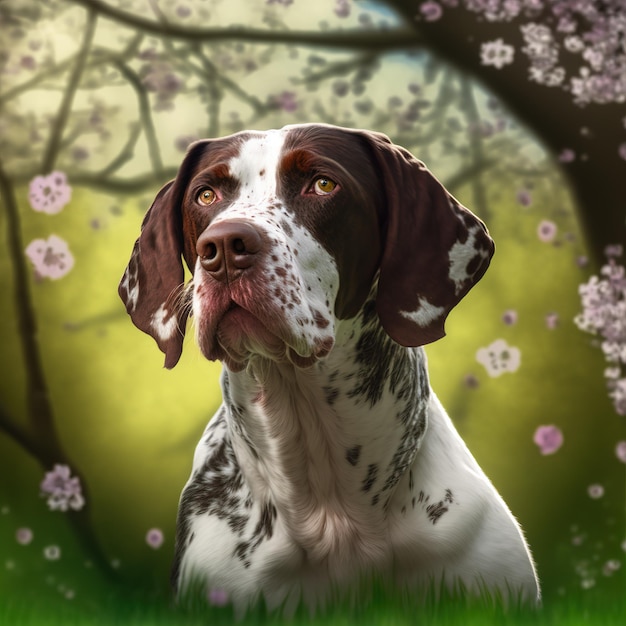 Ravishing realistic portrait of English pointer dog in natural background