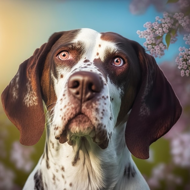 Ravishing realistic portrait of English pointer dog in natural background