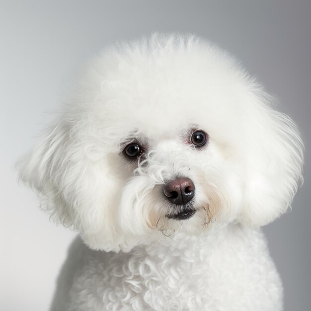 Ravishing studio shot with cute bichon frise dog portrait on isolated background