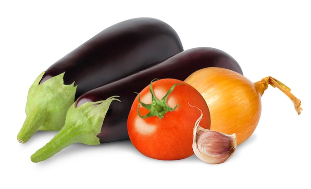 Raw aubergines, tomato, onion and garlic isolated on white background