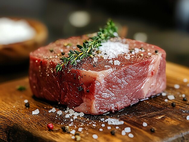 Photo a raw barbecue meat cube on a wooden board sprinkled with salt and rosemary closeup