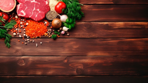 raw beef meat and spices on a wooden board on a wooden table