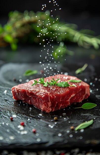 Raw beef steak with fresh green leaves and salt being sprinkled set against a dark background