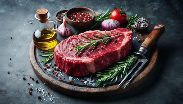 Raw Beef Steak With Rosemary Garlic and Peppers on a Wooden Cutting Board