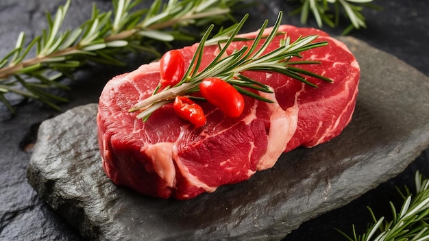 Raw beef steak with rosemary and peppers on dark stone