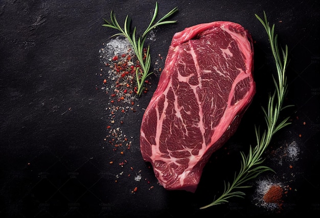 Photo raw beef steak with rosemary and spices on black background top view