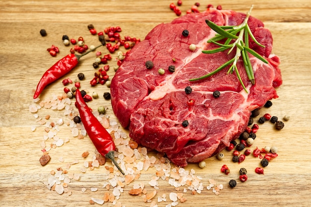 Raw beef steaks with spices