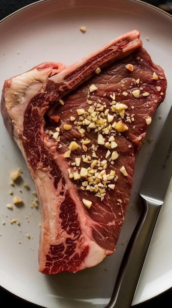 Photo raw beef t bone steak with garlic